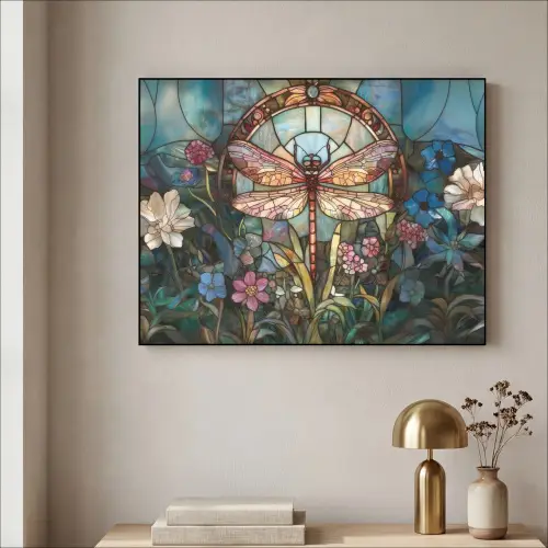 Libelle - Mozaïek - Bloemen - Kleurrijk Textielframe zwart klein -sfeer2