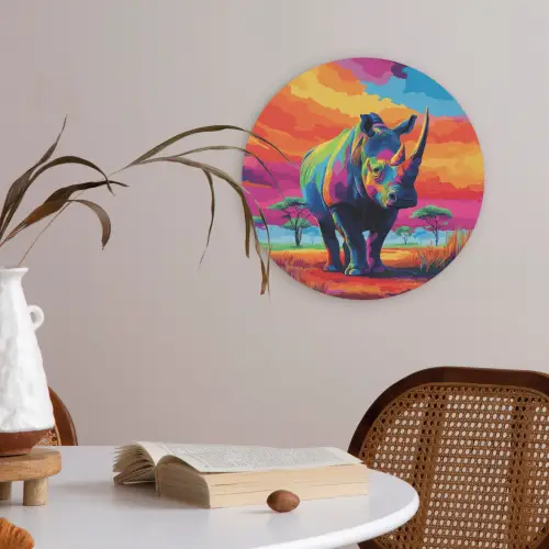 Neushoorn - Zonsondergang - Savanna - Kleurrijk Akoestische PET Vilt - Rond klein -sfeer3