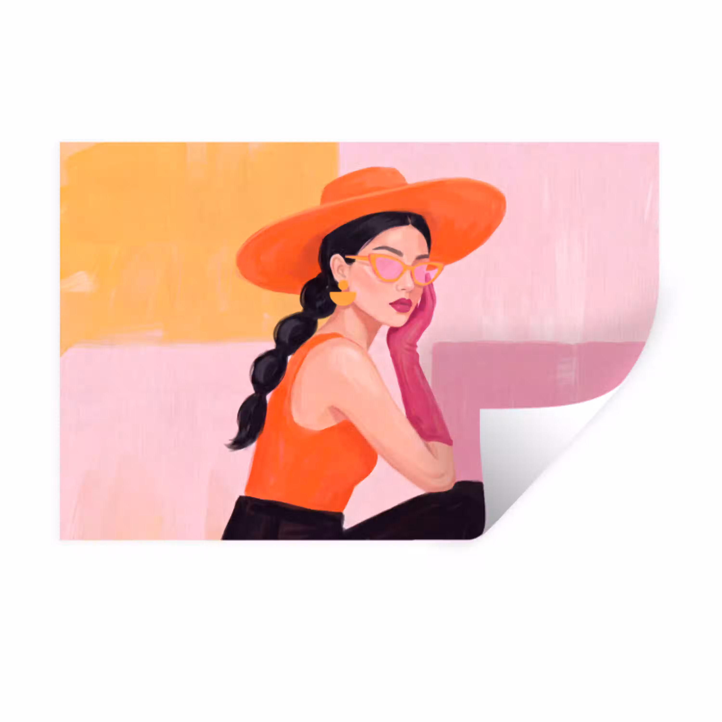 Vrouw - Hoed - Mode - Modern - Oranje Muursticker klein -3d