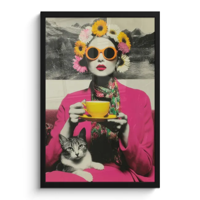 Poster met lijst - Vrouw - Kat - Bloemen - Kopje - Retro