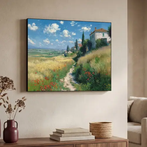 Zandpad - Huis - Bomen - Grasveld Textielframe zwart klein -sfeer3