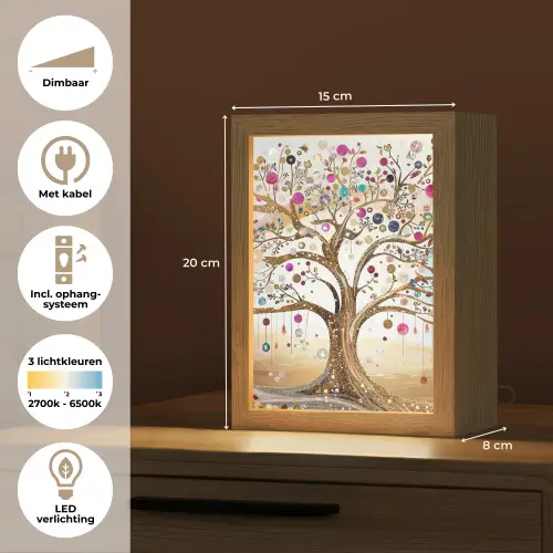 Levensboom - Goud - Kleurrijk - Abstract - Aesthetic Light Box met kabel (Tafellamp) klein -USP_NL