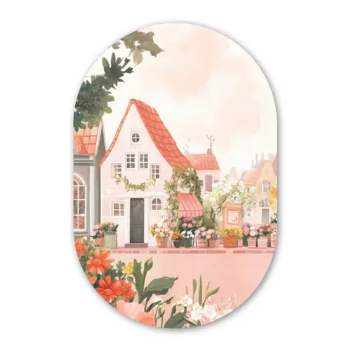 Bloemen - Huizen - Dorp Wandcirkel Ovaal Forex klein -3d