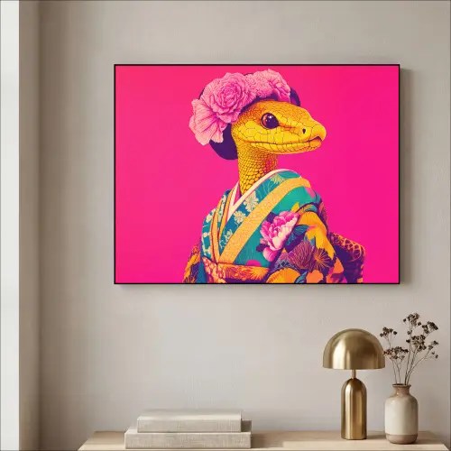 Hagedis - Bloemen - Roze - Kimono Textielframe zwart klein -sfeer2