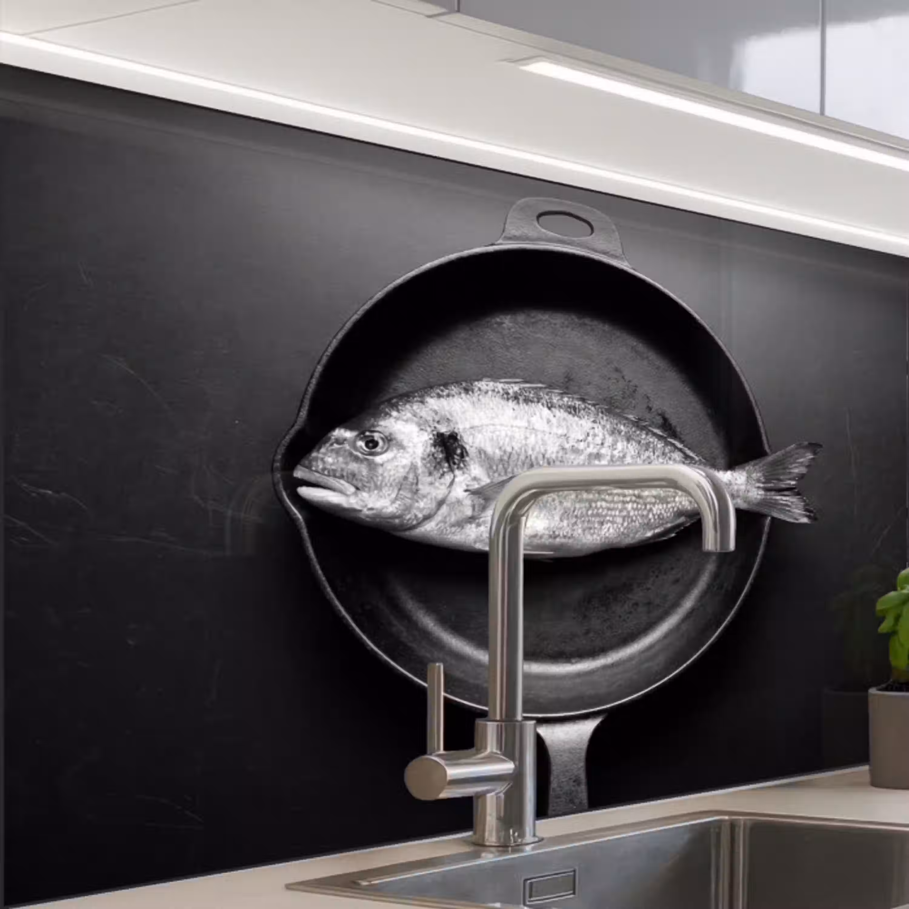 Pan - Vis - Zwart - Wit keuken achterwand 2 middel -zzzz3d_schuin