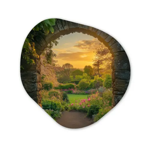 Poort - Planten - Zonsondergang Wandcirkel Organisch Forex 3mm klein -3d