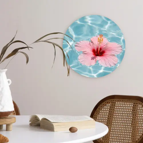 Hibiscus - Water - Roze Wandcirkel kunststof plaat 5mm dik klein -sfeer4