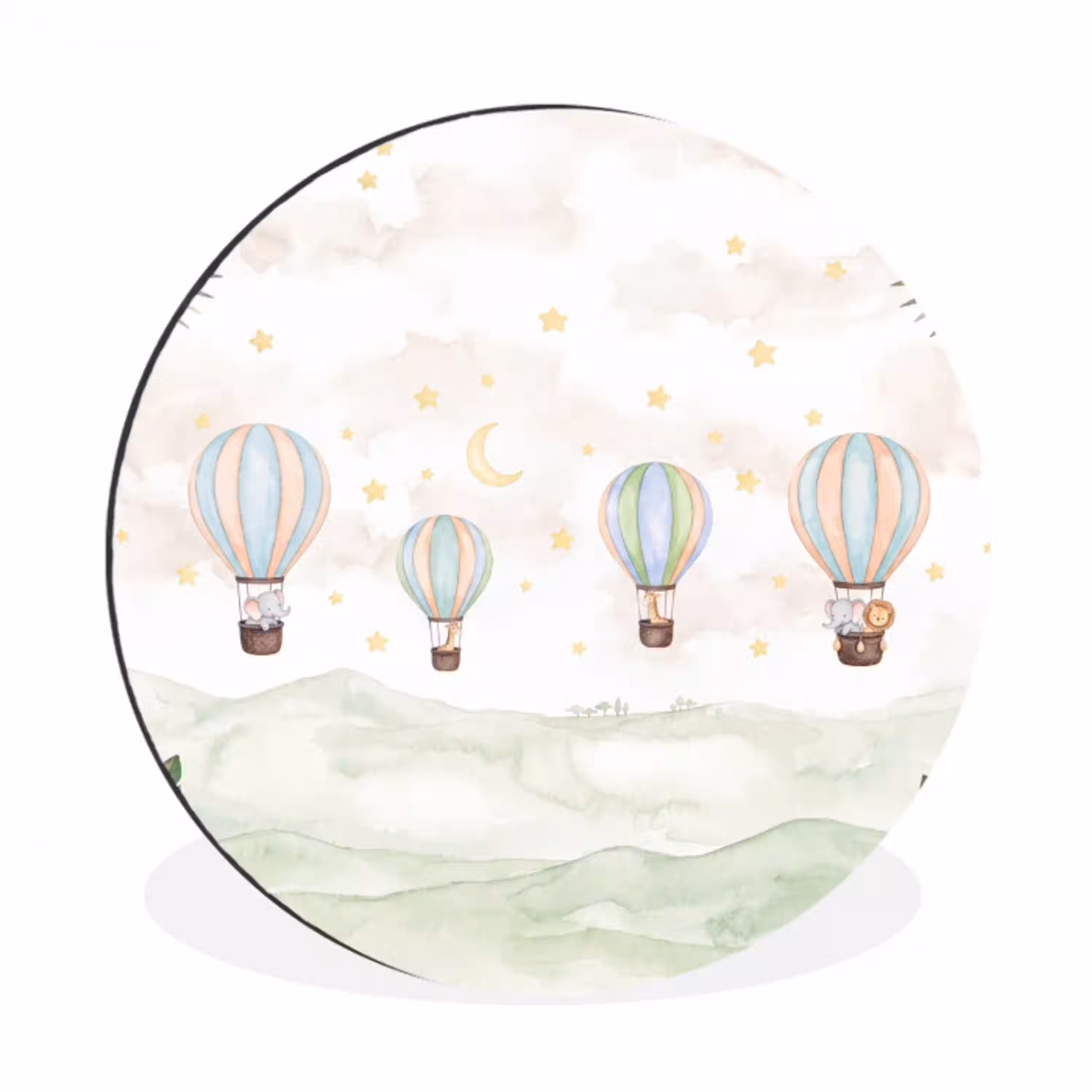 Aquarel - Luchtballonnen - Pastel Wandcirkel aluminium klein -3d