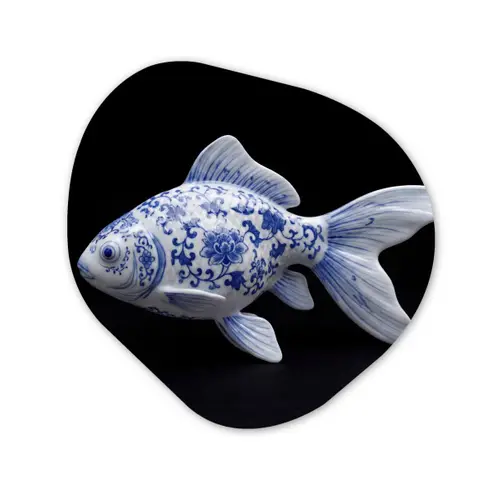 Porselein - Goudvis - Delfts - Blauw Wandcirkel Organisch Aluminium middel -3d