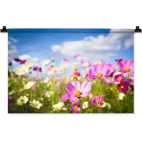 Bloemen - Wei - Paars - Gras - Wit - Wolken - Blauw Wandkleed katoen klein -zz3d
