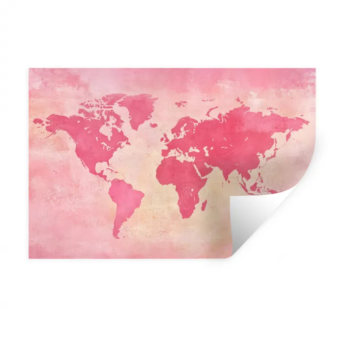 Wereldkaart - Roze - Vaag Muursticker klein -3d