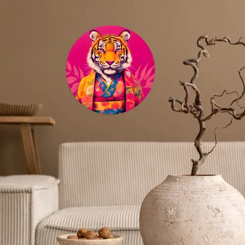 Tijger - Kimono - Planten - Roze Wandcirkel behangsticker klein -sfeer1