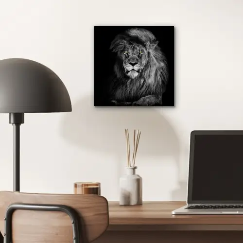 Leeuw - Ogen - Oranje - Zwart wit - Dieren - Portret aluminium wit klein -sfeer5