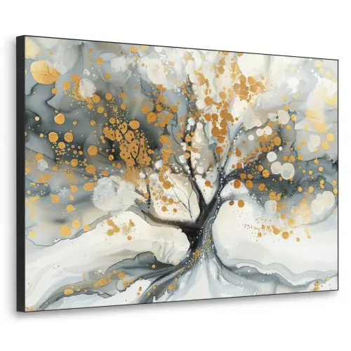 Boom - Modern - Abstract - Goud - Zwart - Wit Textielframe zwart klein -3d