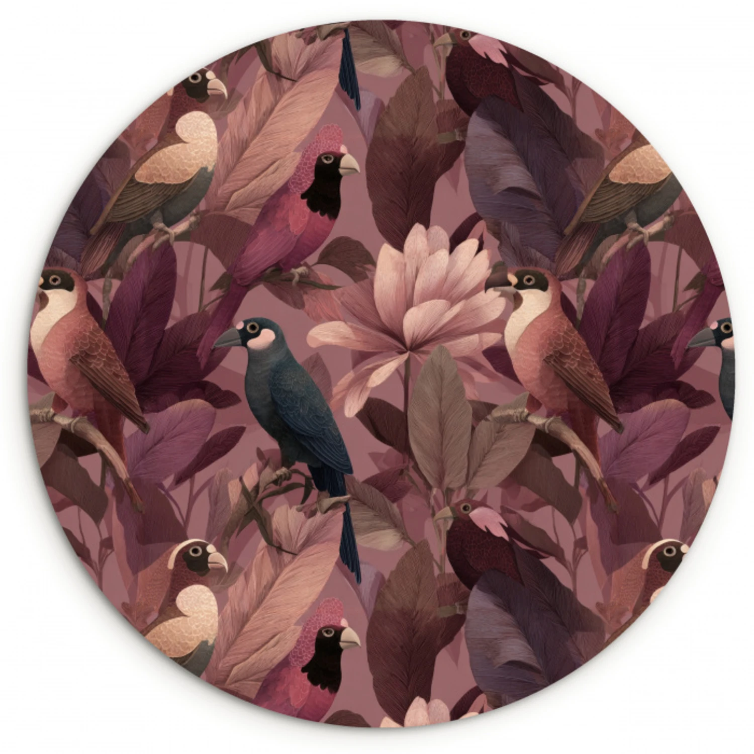 Vogels - Bladeren - Roze Wandcirkel kunststof plaat 5mm dik klein 188 -3d