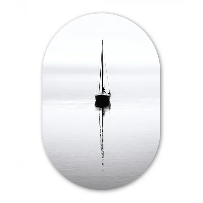 Zeilboot - Zwart - Water - Silhouet Wandcirkel Ovaal Glas middel -3d