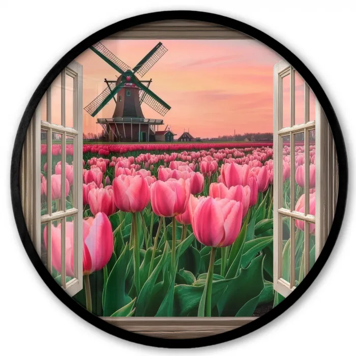 Doorkijk - Tulpen - Bloemen - Molen - Raam Fotolijst rond zonder passe partout klein -3d