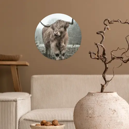 Schotse hooglander - Natuur - Herfst - Dieren - Wild - Bos Wandcirkel behangsticker klein -sfeer1