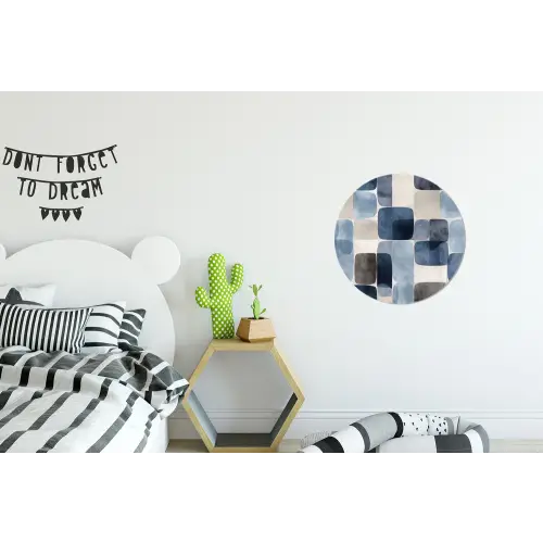 Patroon - Blauw - Vierkanten Wandcirkel aluminium klein -kinderkamer