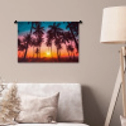 Palmboom - Zonsondergang - Horizon - Strand - Oranje - Roze Wandkleed katoen klein -sfeer4