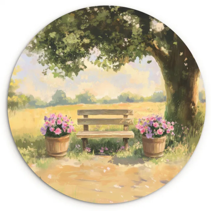 Houten bankje - Bloempotten - Landschap Wandcirkel kunststof plaat 5mm dik klein -3d