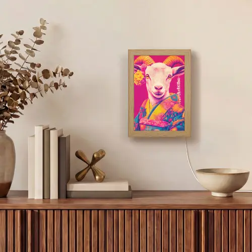 Geit - Hoorns - Kimono - Kleurrijk Light Box met kabel (Tafellamp) klein -sfeer2