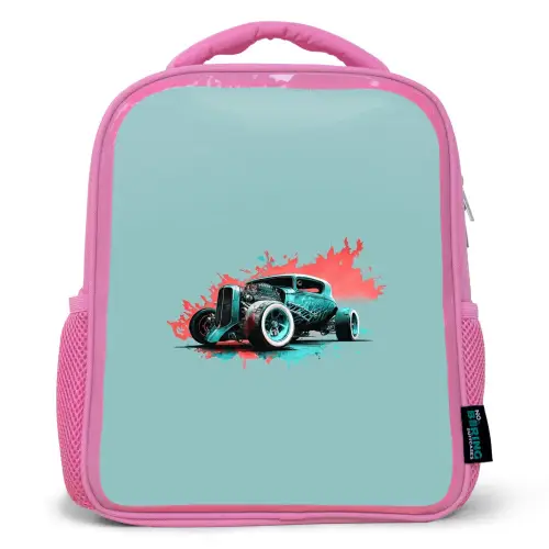 Hotrod turquoise Kinderrugzak - Roze middel -3d