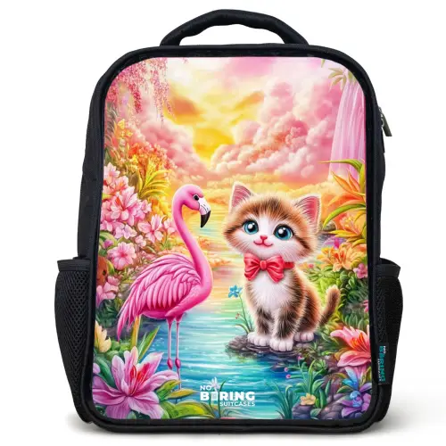 Kitten met flamingo in tropisch bloemenparadijs Rugzak - Zwart middel -3d