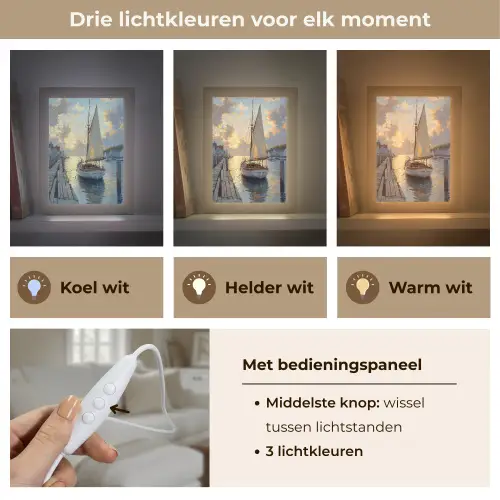 Zeilboot - Zon - Pier - Hout Light Box met kabel (Tafellamp) klein -USP_lichtkleurNL