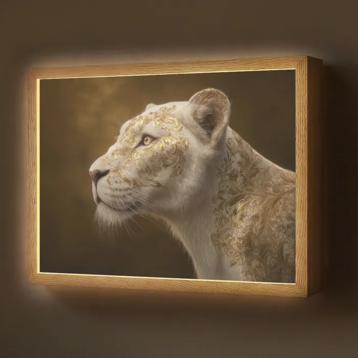 Leeuwin - Bloemen - Wit - Goud Light Box met batterij (Wandlamp) middel -z3d_website