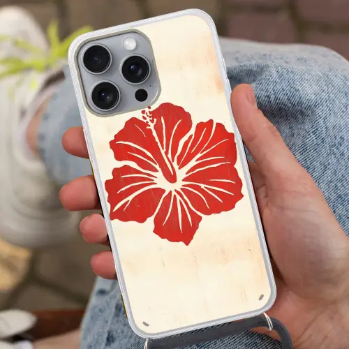 Rode hibiscusbloem - Textuur achtergrond - Beige Hoesje iPhone 16 Pro Max met koord klein -sfeer3