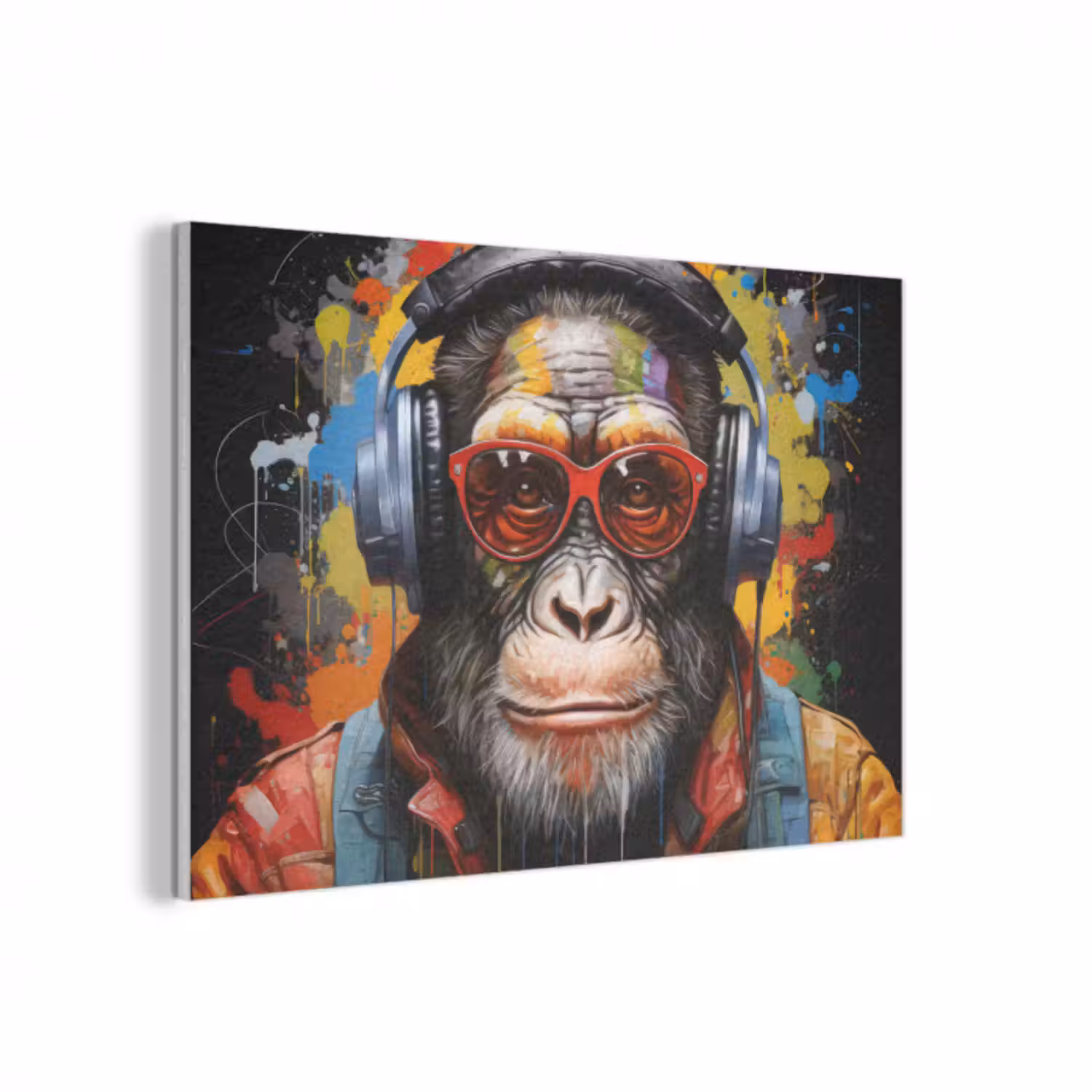 Akoestisch schilderij - Chimpansee - Aap - dieren - Graffiti - Bril - Koptelefoon - Kleuren