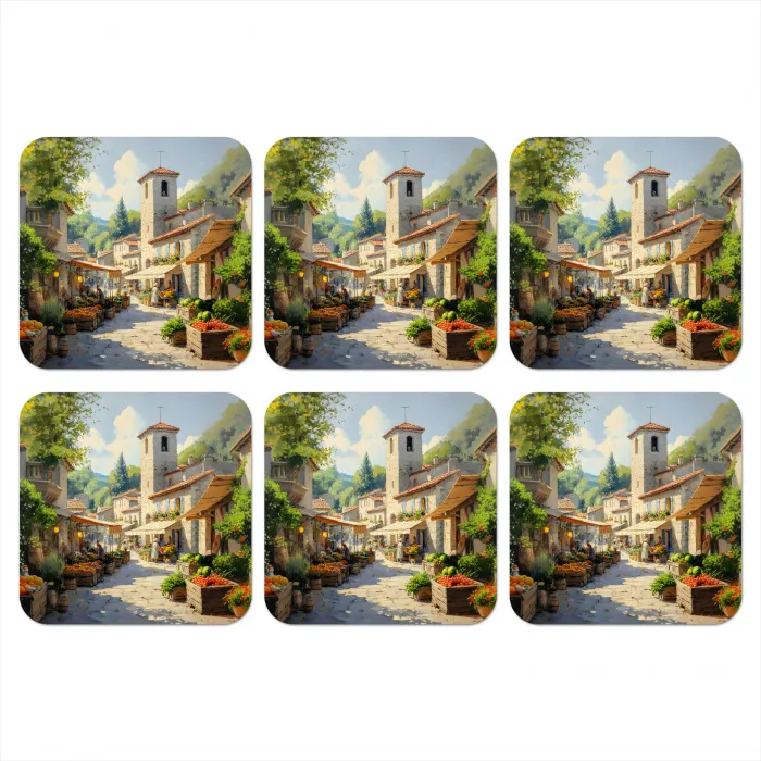 Dorp - Zon - Kraampjes - Huizen onderzetter kurk middel -3d