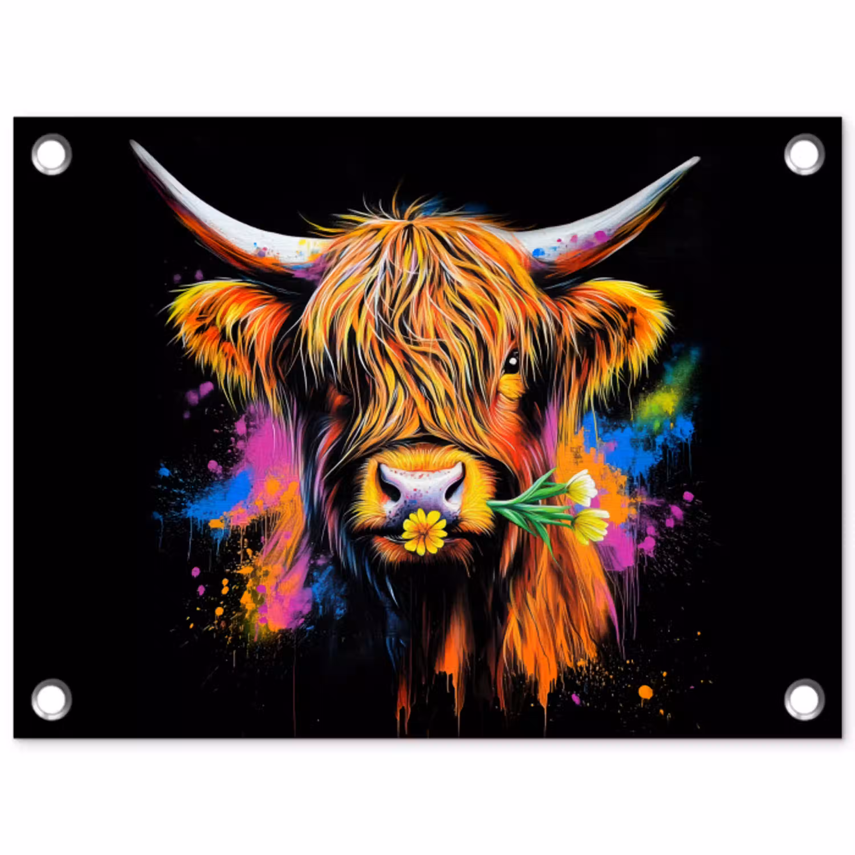 Schotse Hooglander - Graffiti - Kleurrijk - Bloem - Dieren tuinposter los doek klein -3d