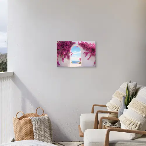 Zee - Roze - Bloemen - Poort Tuinposter op houten frame 2 cm dik klein -sfeer1
