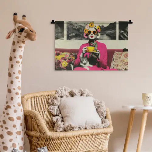 Vrouw - Kat - Bloemen - Kopje - Retro Wandkleed katoen klein -wsfeer5_kind