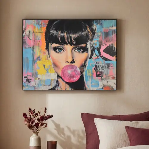 Kauwgom - Vrouw - Penseelstreken - Modern Textielframe zwart klein -sfeer1