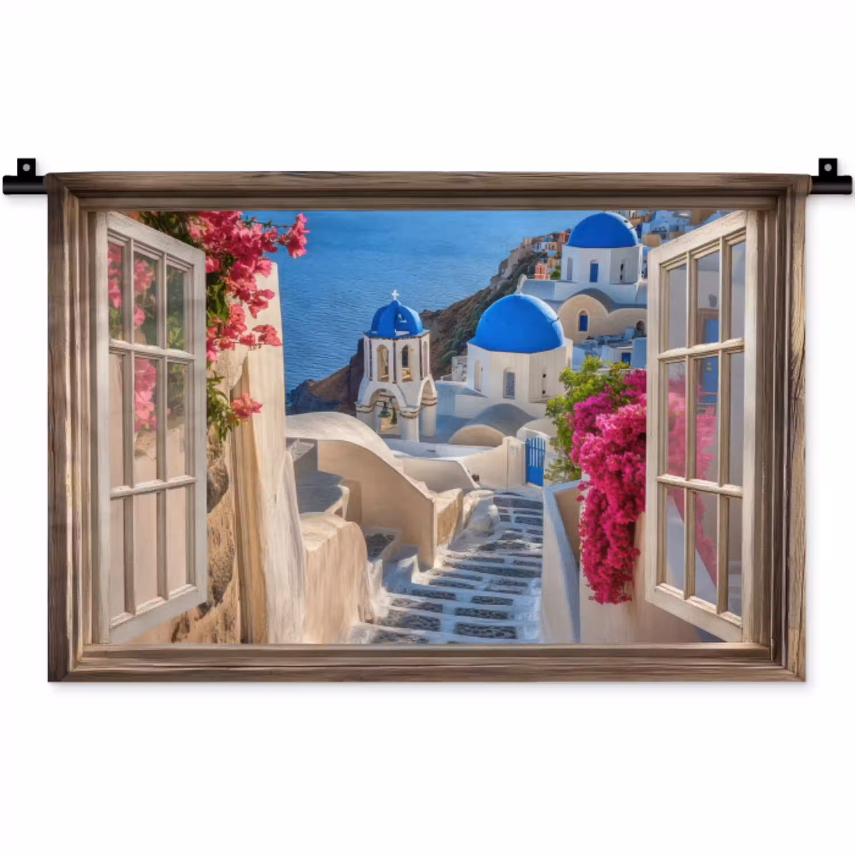Doorkijk - Santorini - Landschap - Blauw - Grieks Wandkleed katoen klein -zz3d