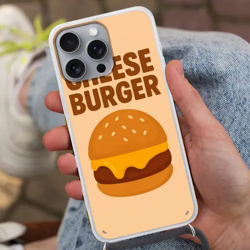 Cheeseburger - Minimalistisch - Geel Hoesje iPhone 16 Pro Max met koord klein -sfeer3