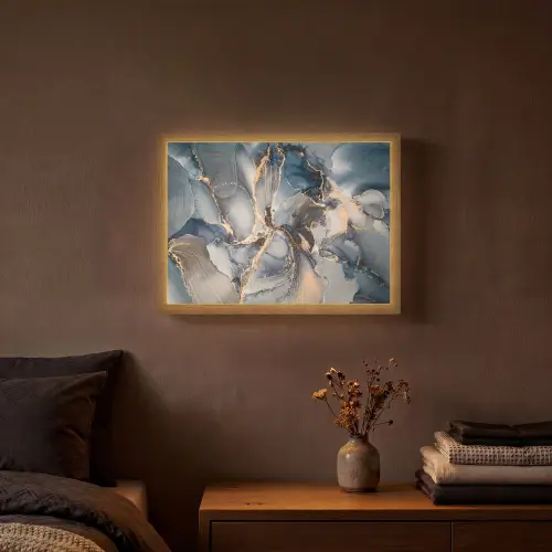 Marmer - Grijs - Blauw - Luxe - Goud Light Box met batterij (Wandlamp) middel -sfeer4