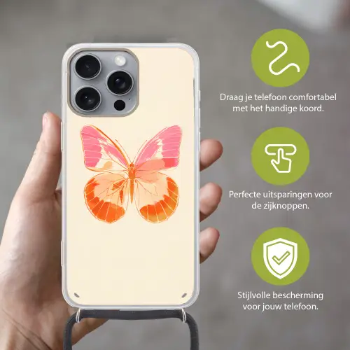 Oranje - Vlinder - Minimalistisch Hoesje iPhone 16 Pro Max met koord klein -sfeer2_NL