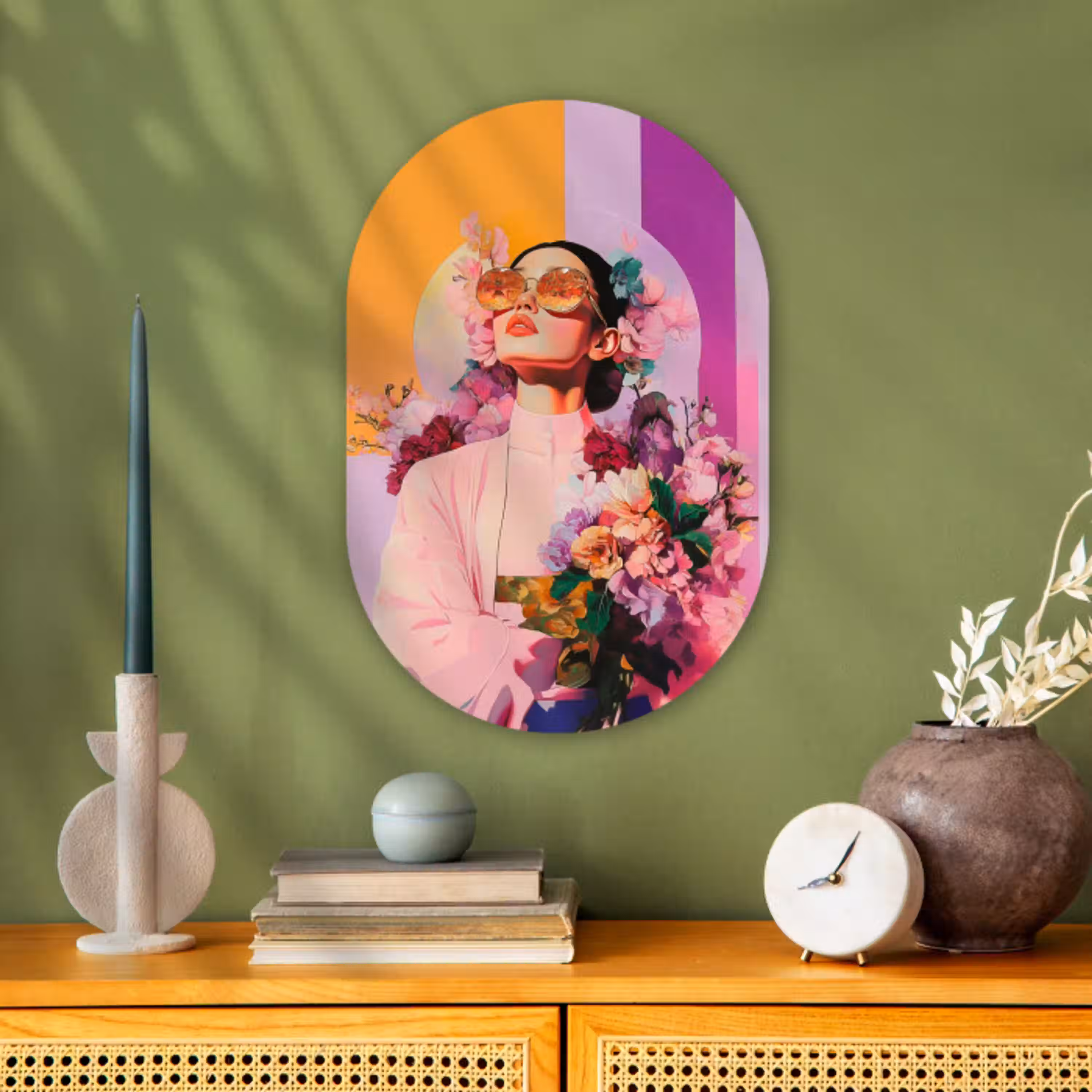 Portret - Vrouw - Abstract - Bloemen Wandcirkel Ovaal Forex klein -sfeer2