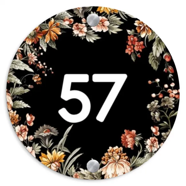 Naambordje voordeur - Rond - Bloemen - Zwart - Traditioneel