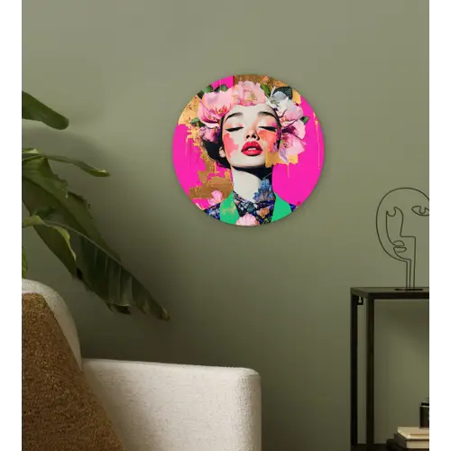 Bloemenkroon - Goud - Vrouw - Portret Wandcirkel kunststof plaat 5mm dik klein -sfeer3
