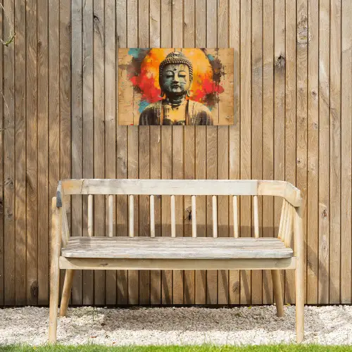 Boeddha Beeld in Vurige Kleuren Tuinposter op houten frame 2 cm dik klein -sfeer4