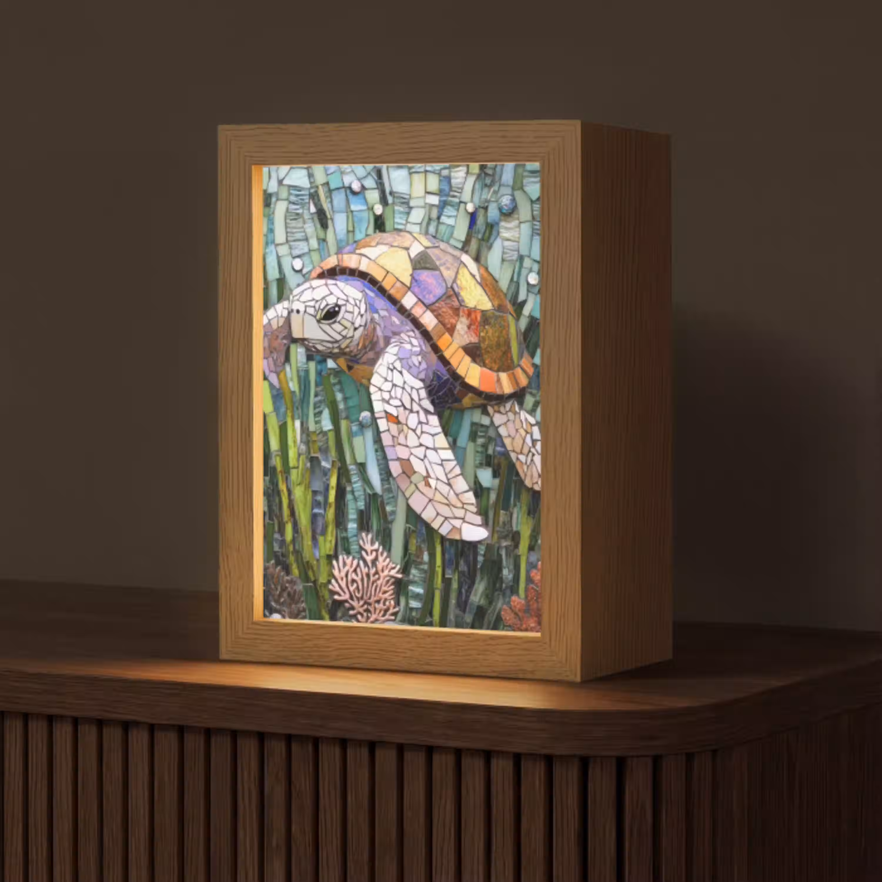 Schildpad - Zeewier - Mozaïek Light Box met kabel (Tafellamp) klein -z3d_website