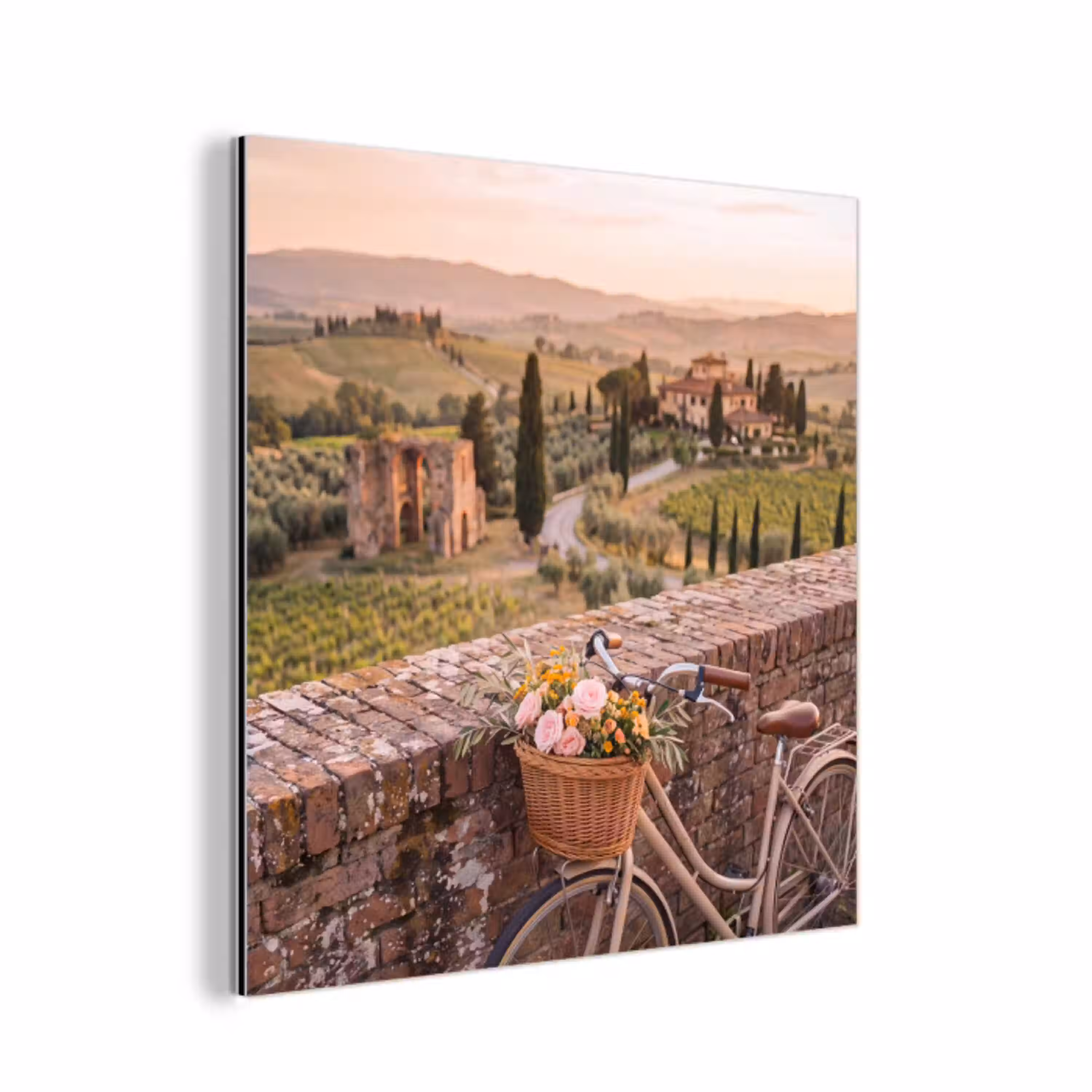Fiets - Bloemen - Toscane - Landschap - Roze aluminium wit klein -3d
