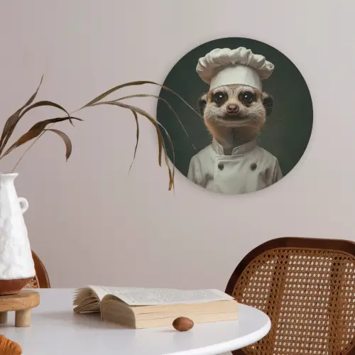 Dier - Kok - Stokstaartje Akoestische PET Vilt - Rond klein -sfeer3