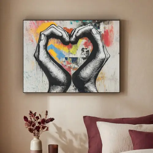 Handen - Hart - Street art - Graffiti Textielframe zwart klein -sfeer1