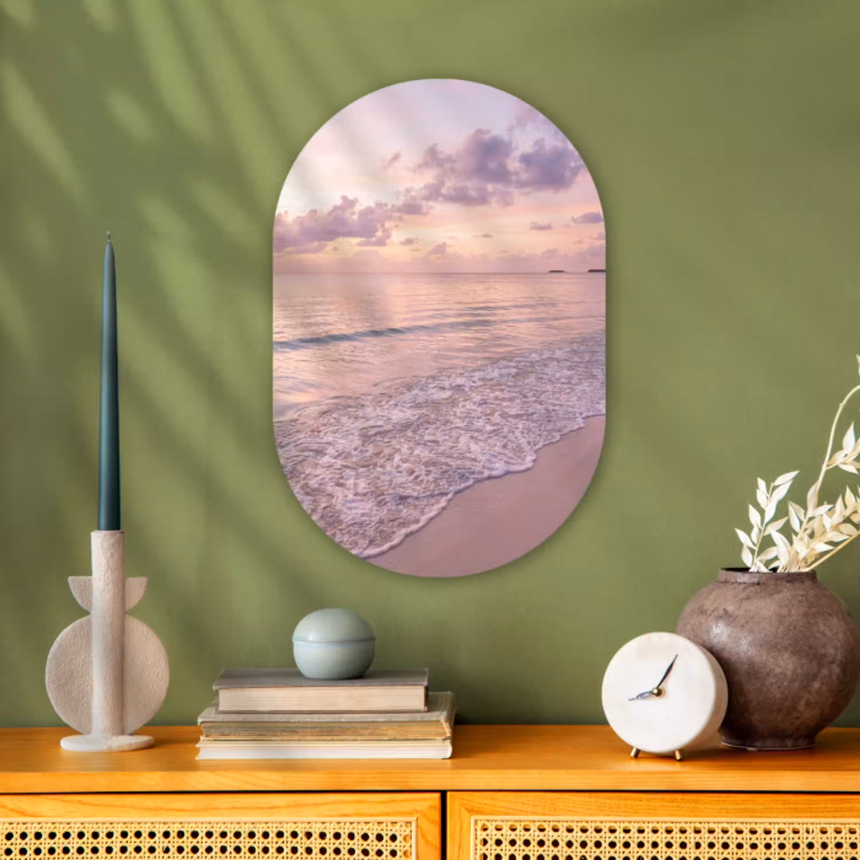 Strand - Zonsondergang - Natuur - Minimalistisch - Roze Wandcirkel Ovaal Forex klein -sfeer2